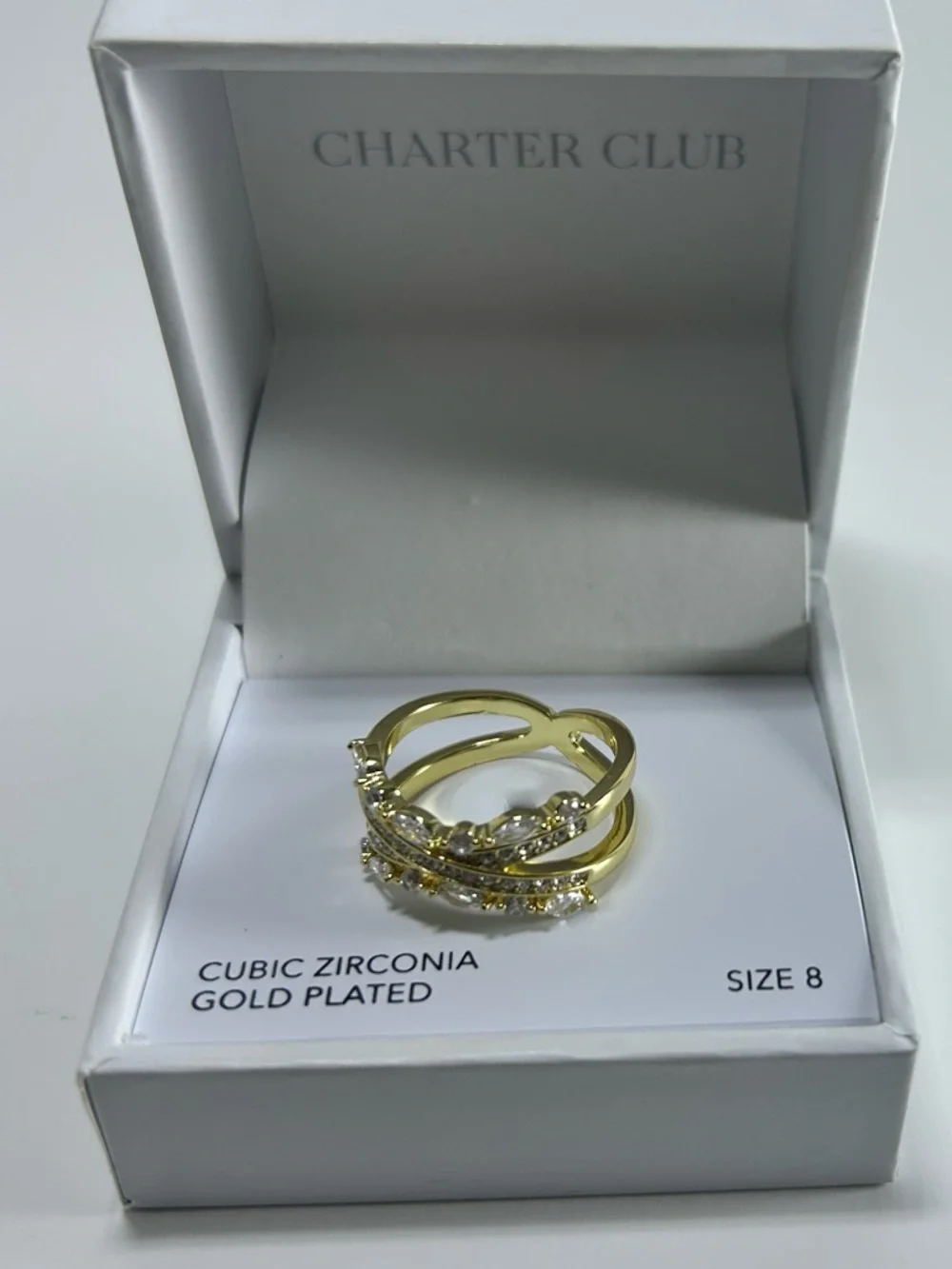 Charter Club Gold Plated Cubic Zirconia Crossover Ring Size 8